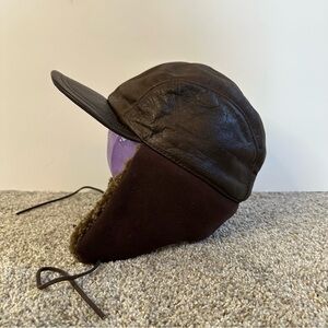 Brown Leather Aviator Cap With Sherpa Liner- Large